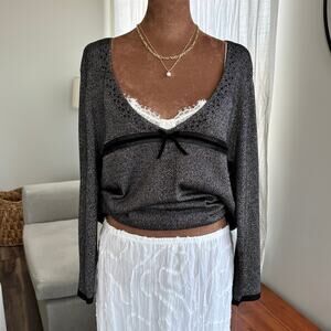 90s Vintage NWT Emma James Beaded Babydoll Tunic Grey Velvet Bow Size 1X